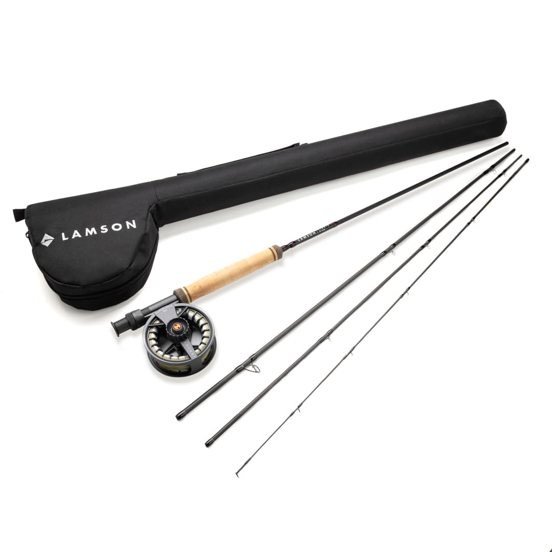 LAMSON | Liquid Combo Fly Fishing Rod and Reel Pre Spooled | Cordura Travel Tube & Padded Reel Case | U.S. Made Fly line | Medium Fast Action 9 Foot 4-Piece | 5wt + 8wt with Fighting Butt