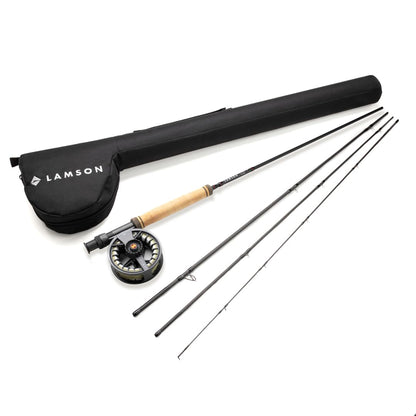 LAMSON | Liquid Combo Fly Fishing Rod and Reel Pre Spooled | Cordura Travel Tube &amp; Padded Reel Case | U.S. Made Fly line | Medium Fast Action 9 Foot 4-Piece | 5wt + 8wt with Fighting Butt