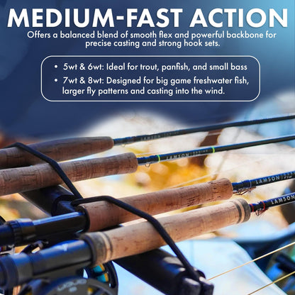LAMSON | Liquid Combo Fly Fishing Rod and Reel Pre Spooled | Cordura Travel Tube &amp; Padded Reel Case | U.S. Made Fly line | Medium Fast Action 9 Foot 4-Piece | 5wt + 8wt with Fighting Butt