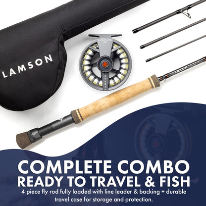 LAMSON | Liquid Combo Fly Fishing Rod and Reel Pre Spooled | Cordura Travel Tube &amp; Padded Reel Case | U.S. Made Fly line | Medium Fast Action 9 Foot 4-Piece | 5wt + 8wt with Fighting Butt